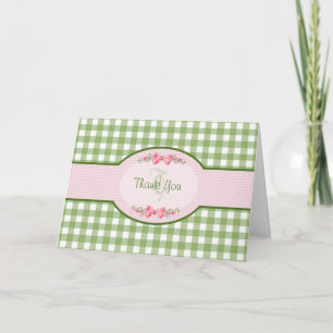 Girly Green Gingham Thank You With Monogram Card