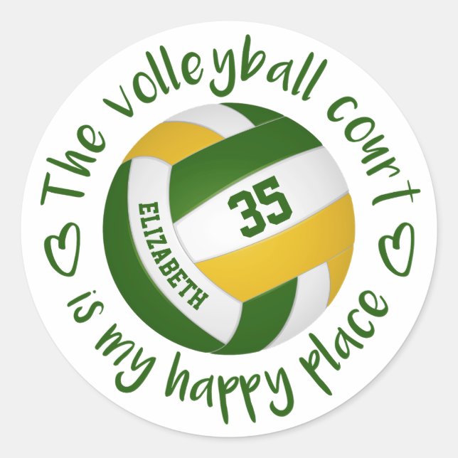 girly green gold volleyball court my happy place classic round sticker (Front)