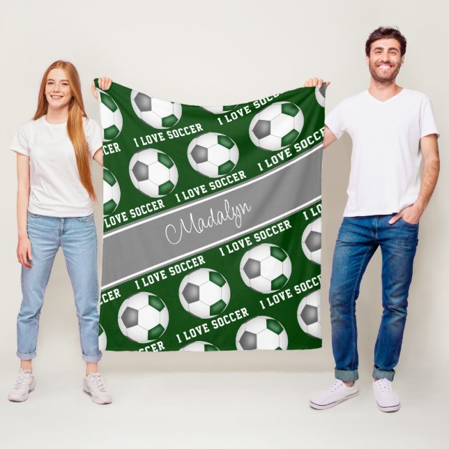 girly green grey I love soccer text pattern Fleece Blanket (In Situ)