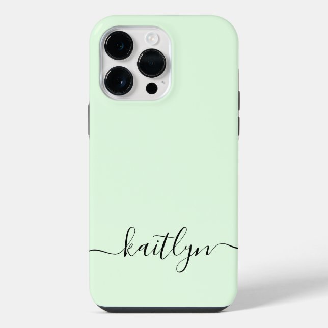 Girly Green Monogram Modern Script Personalized iPhone Case (Back)