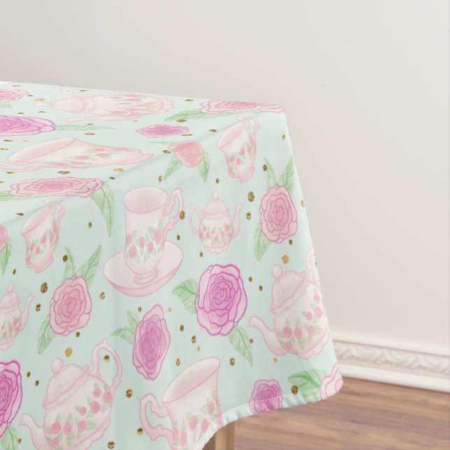 Girly Green Pink Tea Party Pattern Tablecloth (In Situ)