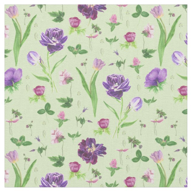 Girly Green Purple Tulips Floral Pattern Fabric (Close Up)