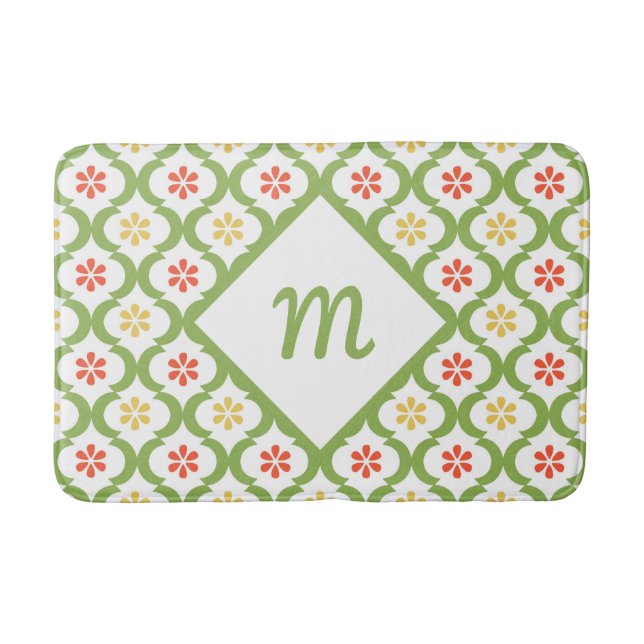 Girly Green Quatrefoil Cute Daisies and Monogram Bath Mat (Front)
