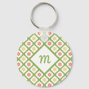 Girly Green Quatrefoil Cute Daisies and Monogram Keychain
