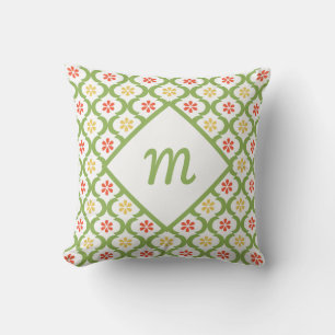 Girly Green Quatrefoil Cute Daisies and Monogram Throw Pillow