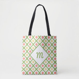 Girly Green Quatrefoil Cute Daisies and Monogram Tote Bag