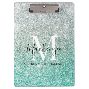 Girly Green Silver Ombre Glitter Monogram Name  Clipboard