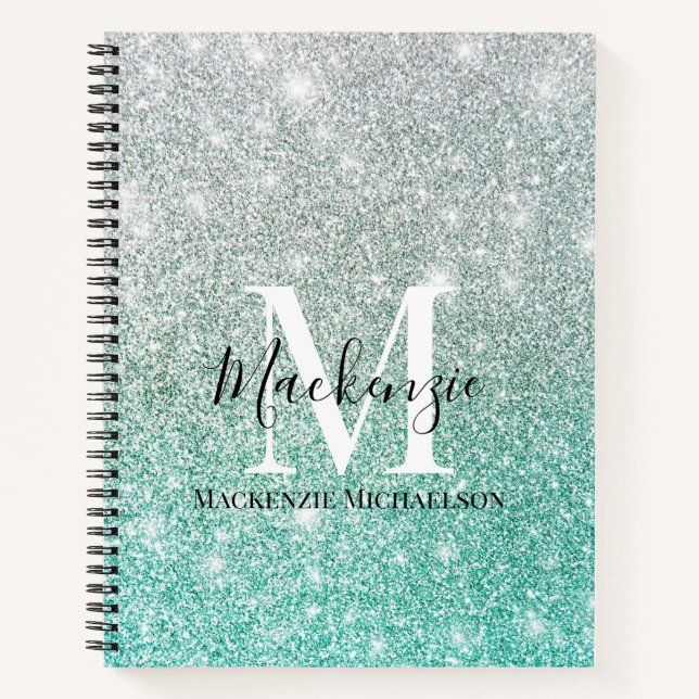 Girly Green Silver Ombre Glitter Monogram Name  Notebook (Front)