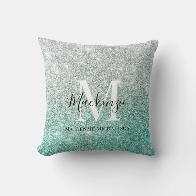 Girly Green Silver Ombre Glitter Monogram Name   Throw Pillow (Front)