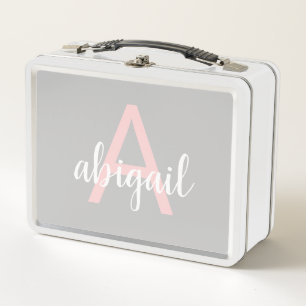 Girly Grey Blush Pink Modern Monogram Name Metal Lunch Box