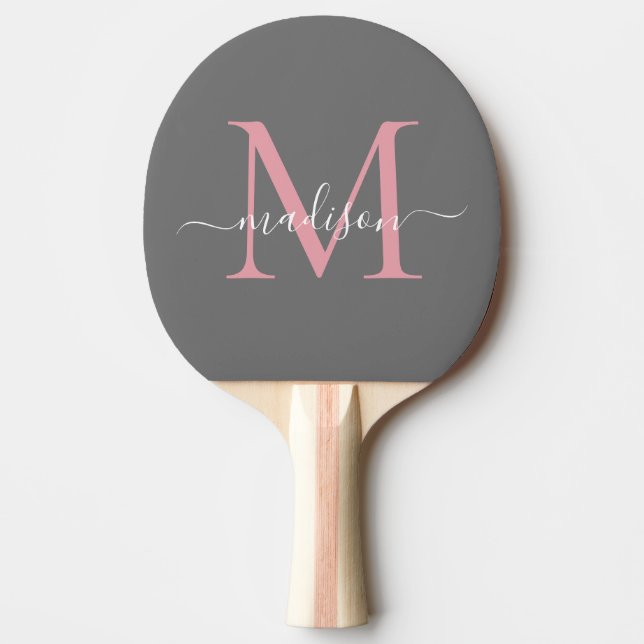 Girly Grey Blush Pink Monogram Feminine Script Ping Pong Paddle (Front)