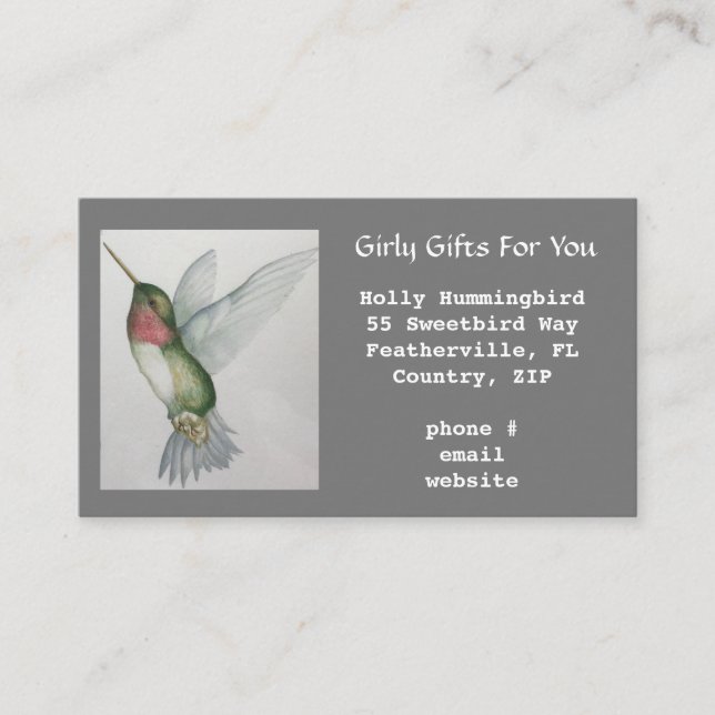 Girly Grey Elegant Hummingbird Watercolor Business Card (Front)