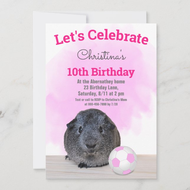 Girly Grey Guinea Pig Pink Soccer Ball Custom Invitation (Front)