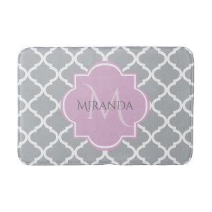 Girly Grey Quatrefoil Lavender Monogram and Name Bath Mat