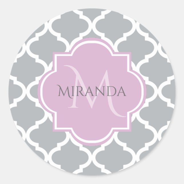 Girly Grey Quatrefoil Lavender Monogram and Name Classic Round Sticker (Front)