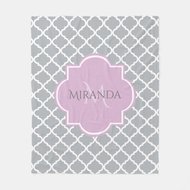 Girly Grey Quatrefoil Lavender Monogram and Name Fleece Blanket (Front)