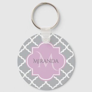 Girly Grey Quatrefoil Lavender Monogram and Name Keychain