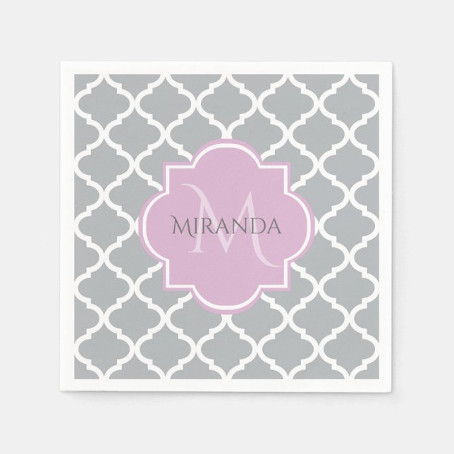 Girly Grey Quatrefoil Lavender Monogram and Name Napkin (Front)