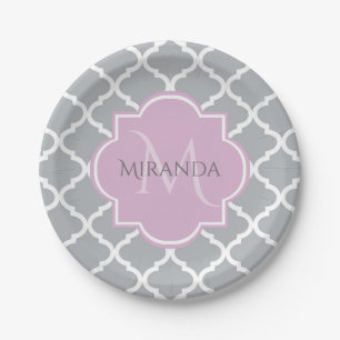 Girly Grey Quatrefoil Lavender Monogram and Name Paper Plate