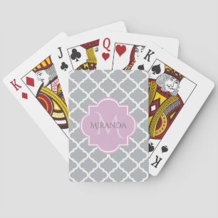 Girly Grey Quatrefoil Lavender Monogram and Name Playing Cards