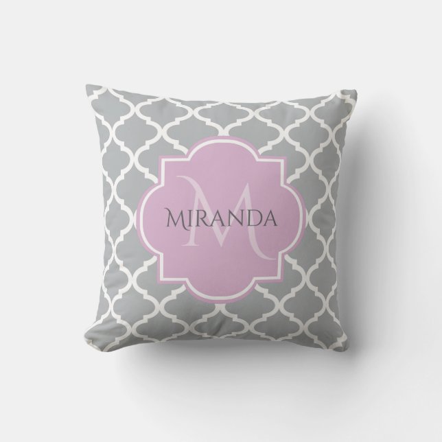 Girly Grey Quatrefoil Lavender Monogram and Name Throw Pillow (Front)