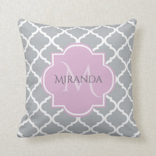 Girly Grey Quatrefoil Lavender Monogram and Name Throw Pillow