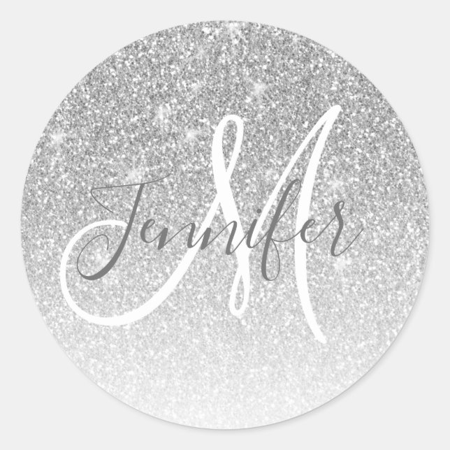 Girly Grey Silver Glitter Blush Monogram Name Classic Round Sticker (Front)