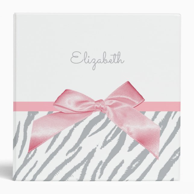 Girly Grey Tiger Stripes Animal Print With Name Binder (Front)