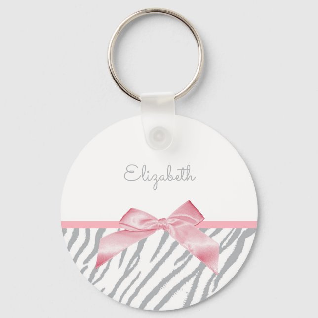 Girly Grey Tiger Stripes Animal Print With Name Keychain (Front)