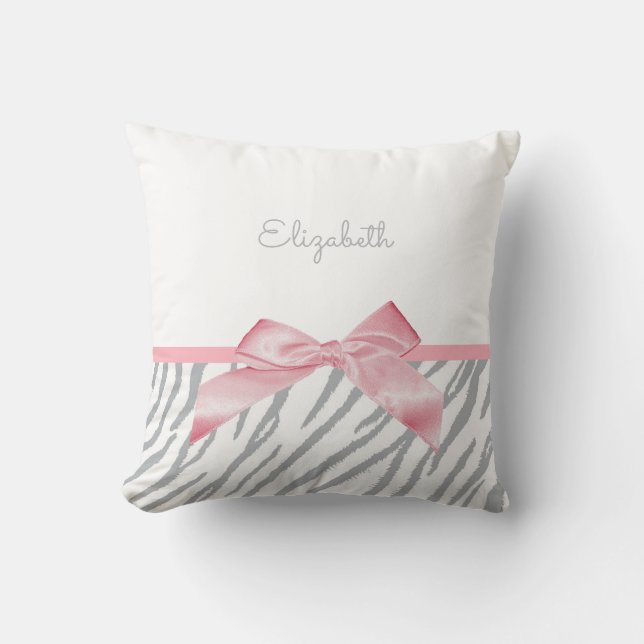 Girly Grey Tiger Stripes Animal Print With Name Throw Pillow (Front)