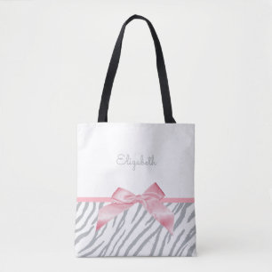 Girly Grey Tiger Stripes Animal Print With Name Tote Bag