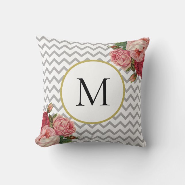 Girly Grey White Chevron Vintage Floral Monogram Throw Pillow (Front)