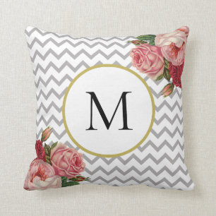 Girly Grey White Chevron Vintage Floral Monogram Throw Pillow