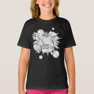 girly grey white volleyballs and stars on black T-Shirt