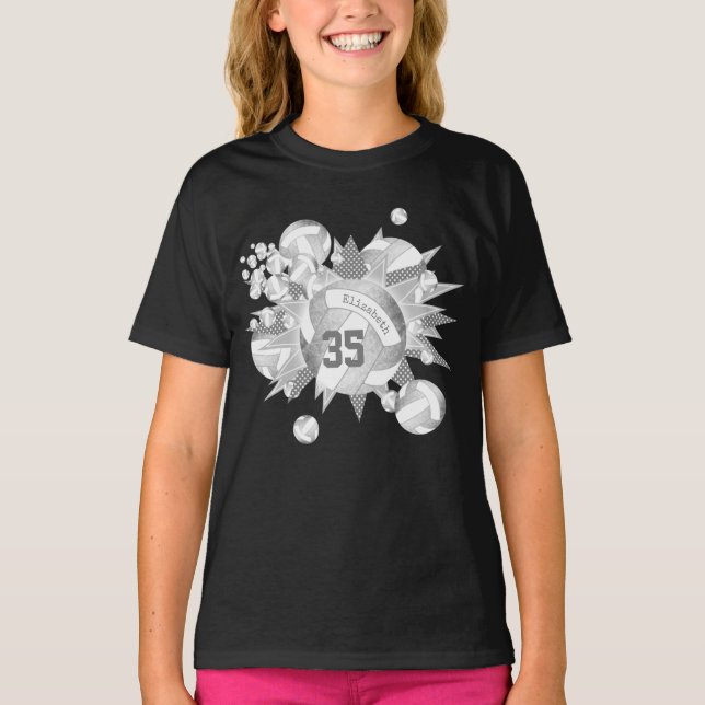 girly grey white volleyballs and stars on black T-Shirt (Front)