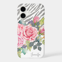 Girly Grey Zebra Print Chic Pink Roses With Name