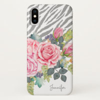 Girly Grey Zebra Print Chic Pink Roses With Name
