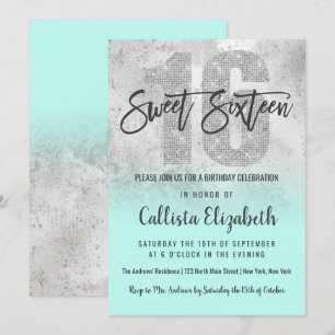 Girly Grunge Silver Mint Glitter Foil Sweet 16 Invitation