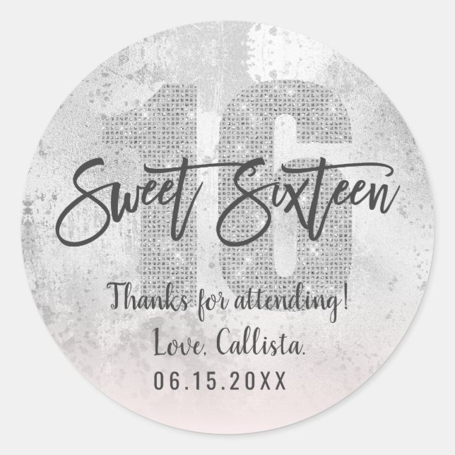 Girly Grunge Silver Pink Glitter Foil Sweet 16 Cla Classic Round Sticker (Front)