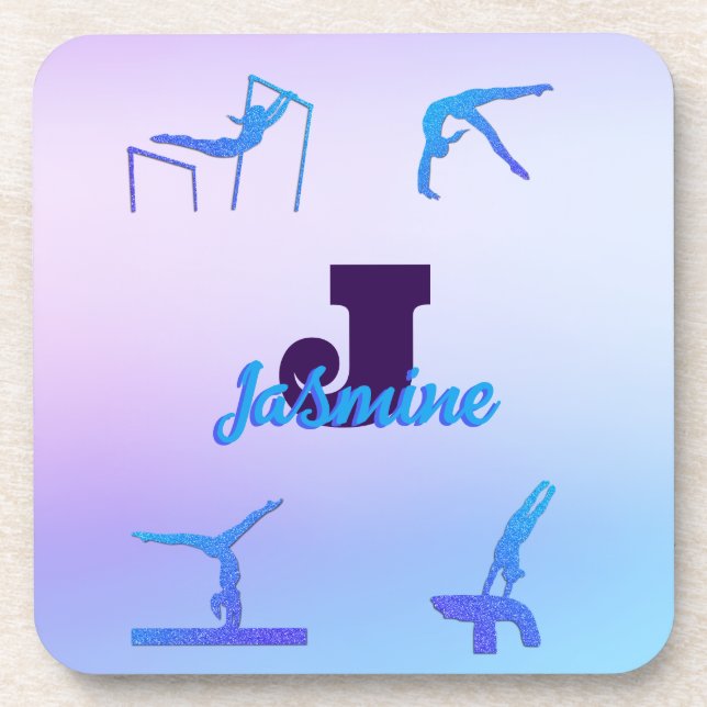 Girly Gymnastics Blue Purple Monogram Personalized Coaster (Front)