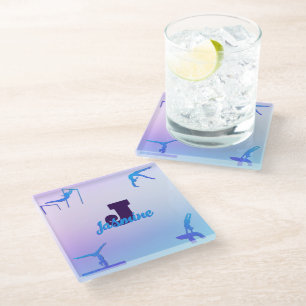 Girly Gymnastics Blue Purple Monogram Personalized Glass Coaster