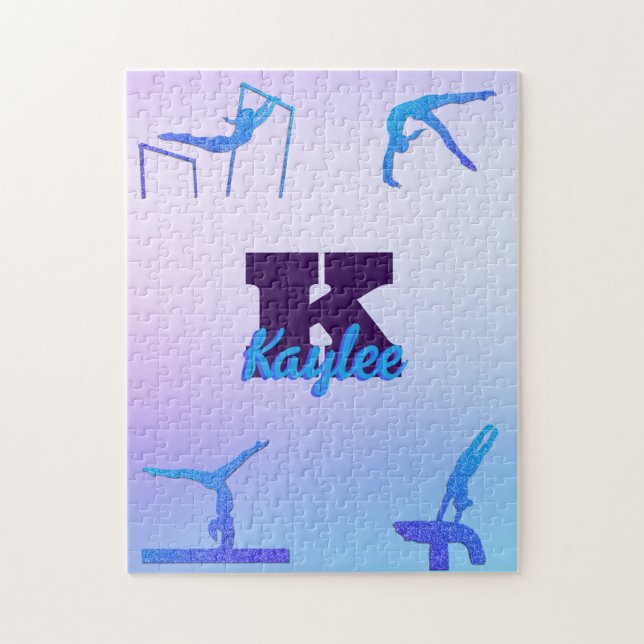 Girly Gymnastics Blue Purple Monogram Personalized Jigsaw Puzzle (Vertical)