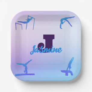 Girly Gymnastics Blue Purple Monogram Personalized Paper Plate