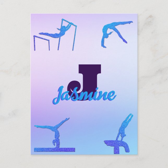 Girly Gymnastics Blue Purple Monogram Personalized Postcard (Front)