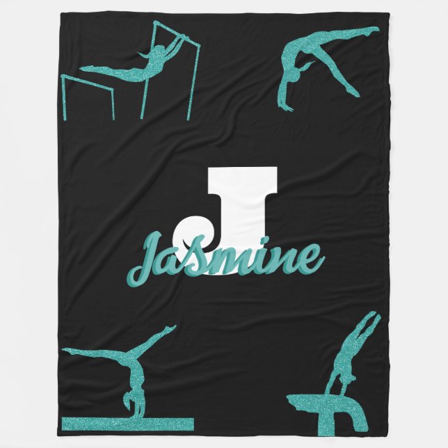 Girly Gymnastics Turquoise Monogram Personalized Fleece Blanket (Front)