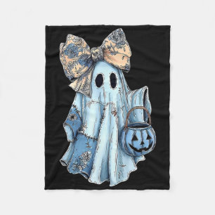 Girly Halloween Blue Denim Ghost Preppy Ghost Bow Fleece Blanket
