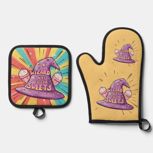 Girly Halloween - Wizard Way to the Sweets Oven Mitt & Pot Holder Set (Front)