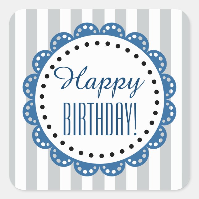 Girly Happy Birthday SILVER Stripes BLUE Lace B02 Square Sticker (Front)
