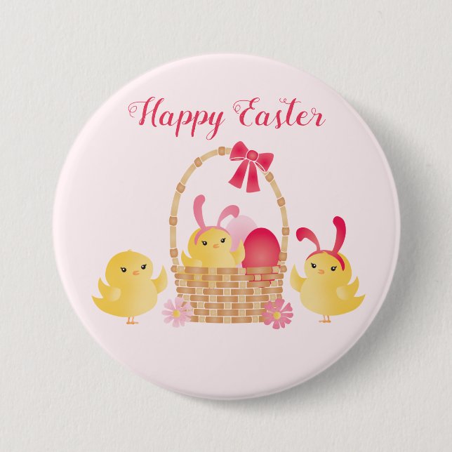 Girly Happy Easter Chicks Pink 3 Inch Round Button (Front)