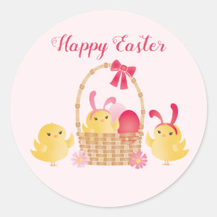 Girly Happy Easter Chicks Pink Classic Round Sticker